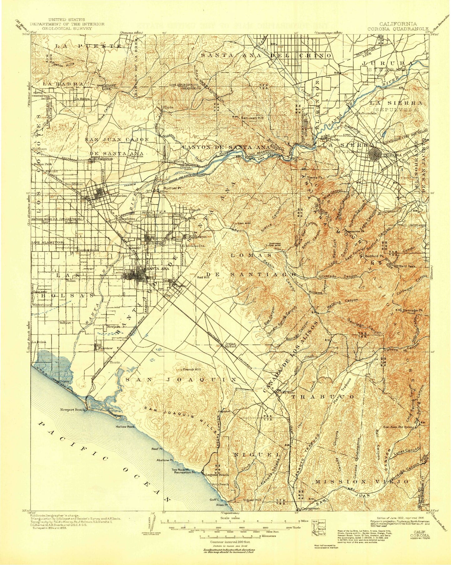 Historic 1902 Corona California 30'x30' Topo Map Image