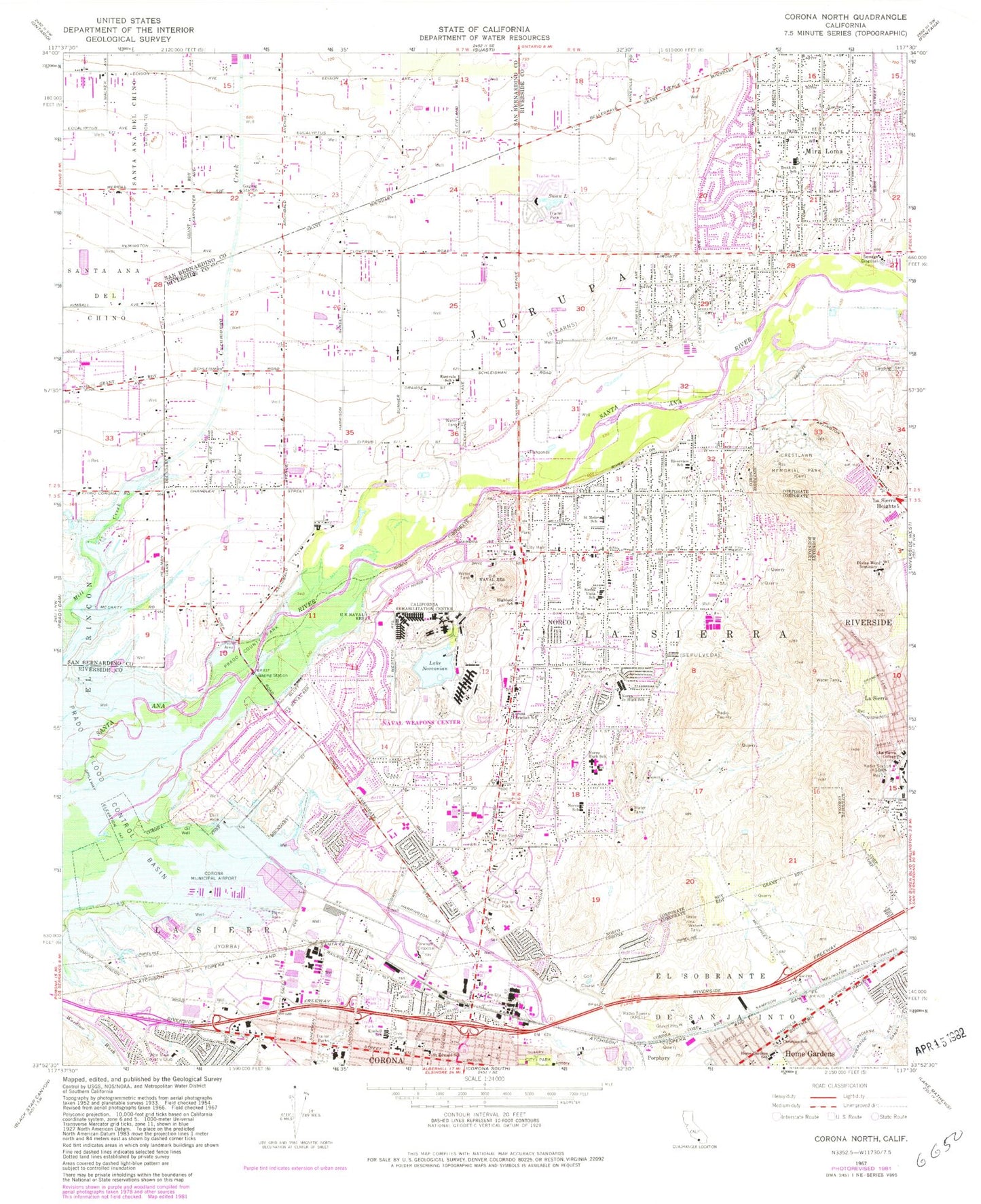 Classic USGS Corona North California 7.5'x7.5' Topo Map Image