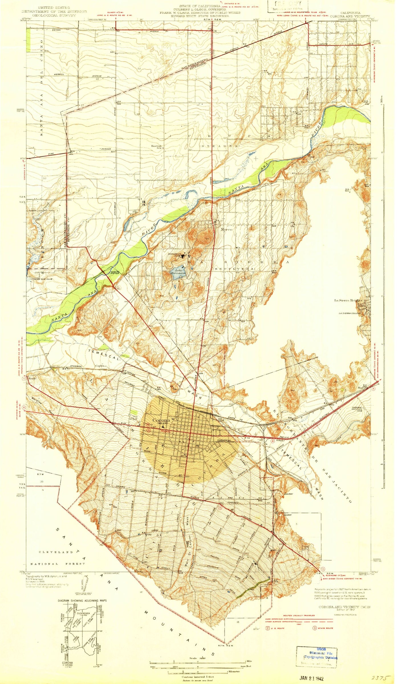 Classic USGS Corona North California 7.5'x7.5' Topo Map Image
