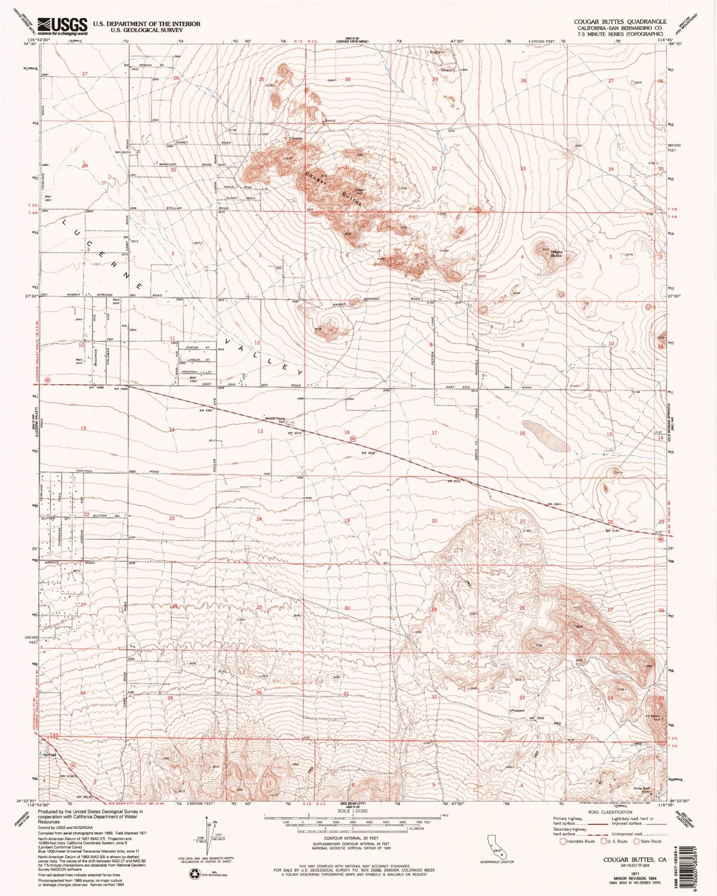 Classic USGS Cougar Buttes California 7.5'x7.5' Topo Map Image