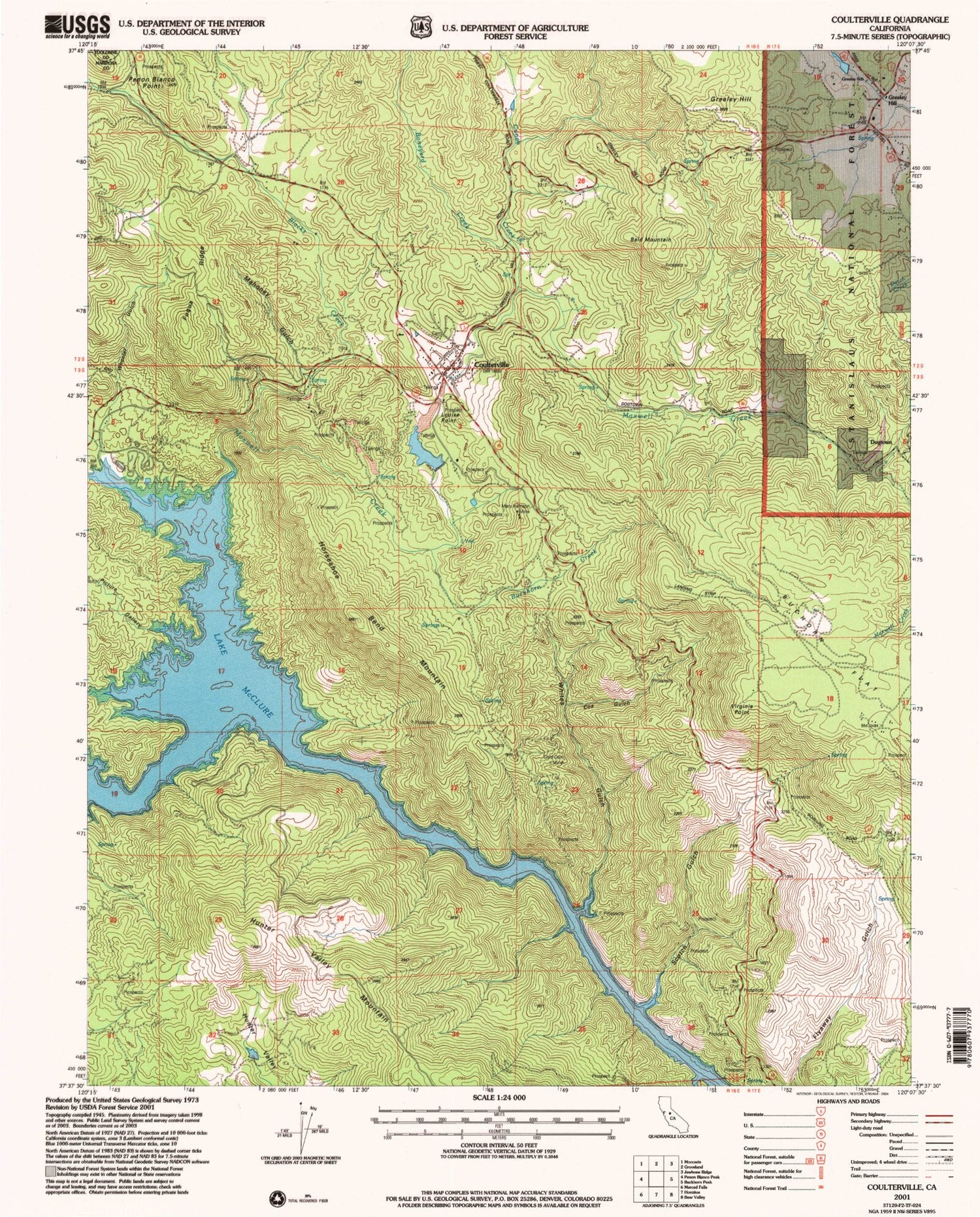 Classic USGS Coulterville California 7.5'x7.5' Topo Map Image