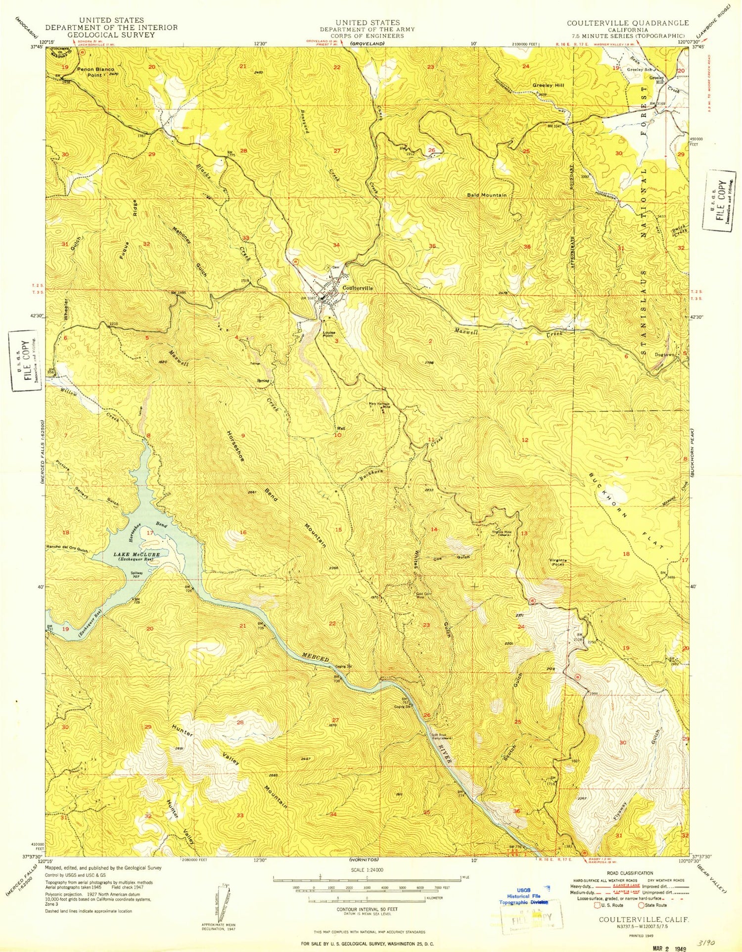 Classic USGS Coulterville California 7.5'x7.5' Topo Map Image