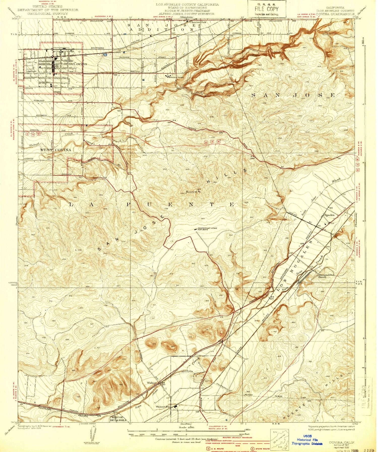 Classic USGS Covina California 7.5'x7.5' Topo Map Image