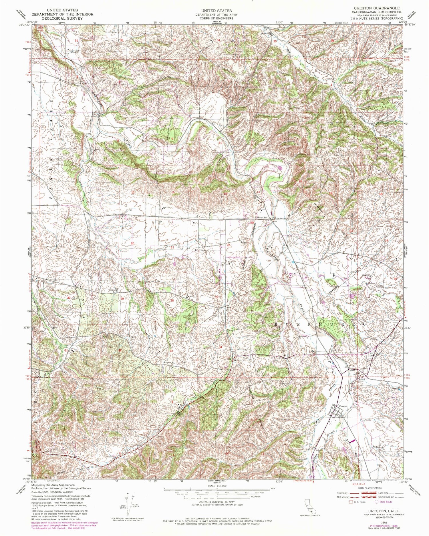 Classic USGS Creston California 7.5'x7.5' Topo Map Image
