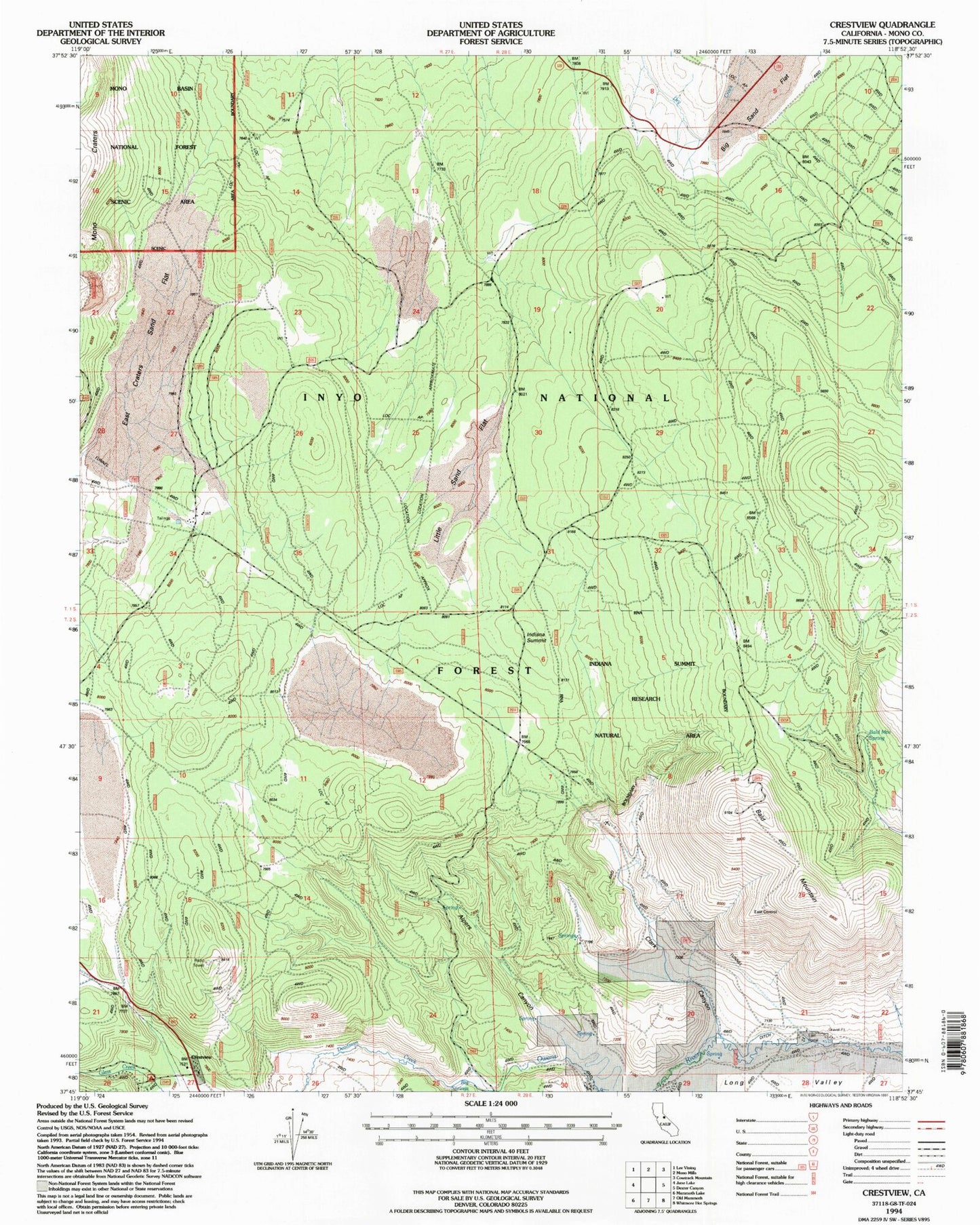 Classic USGS Crestview California 7.5'x7.5' Topo Map Image