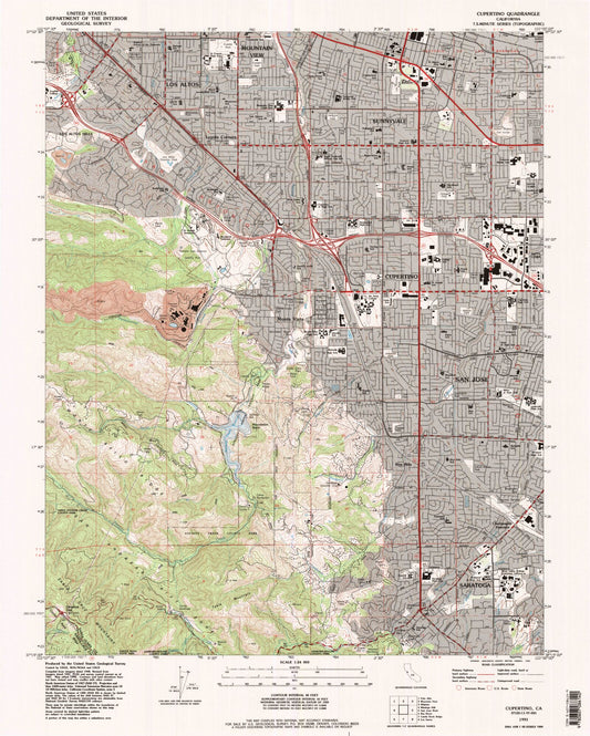 Classic USGS Cupertino California 7.5'x7.5' Topo Map Image