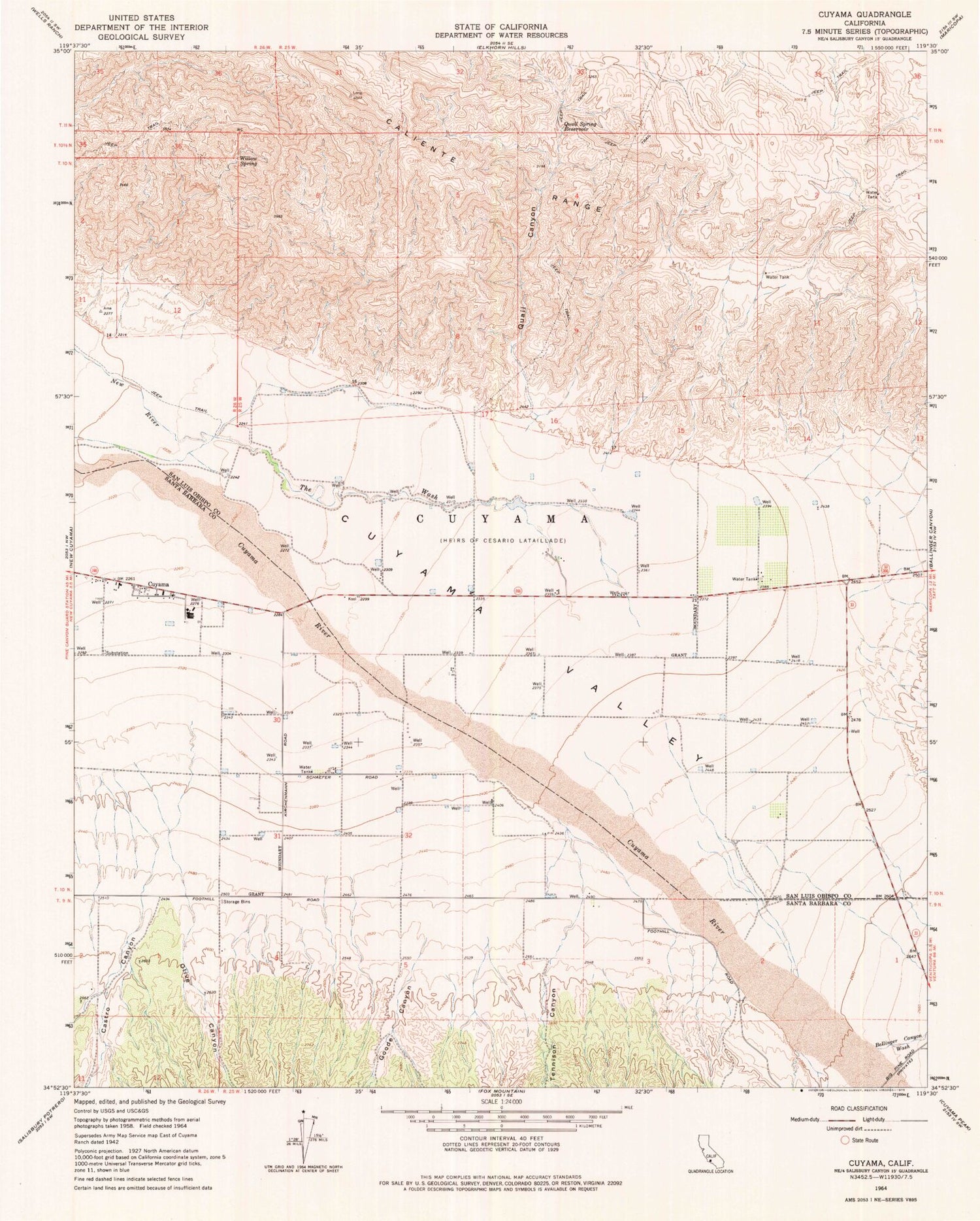 Classic USGS Cuyama California 7.5'x7.5' Topo Map Image