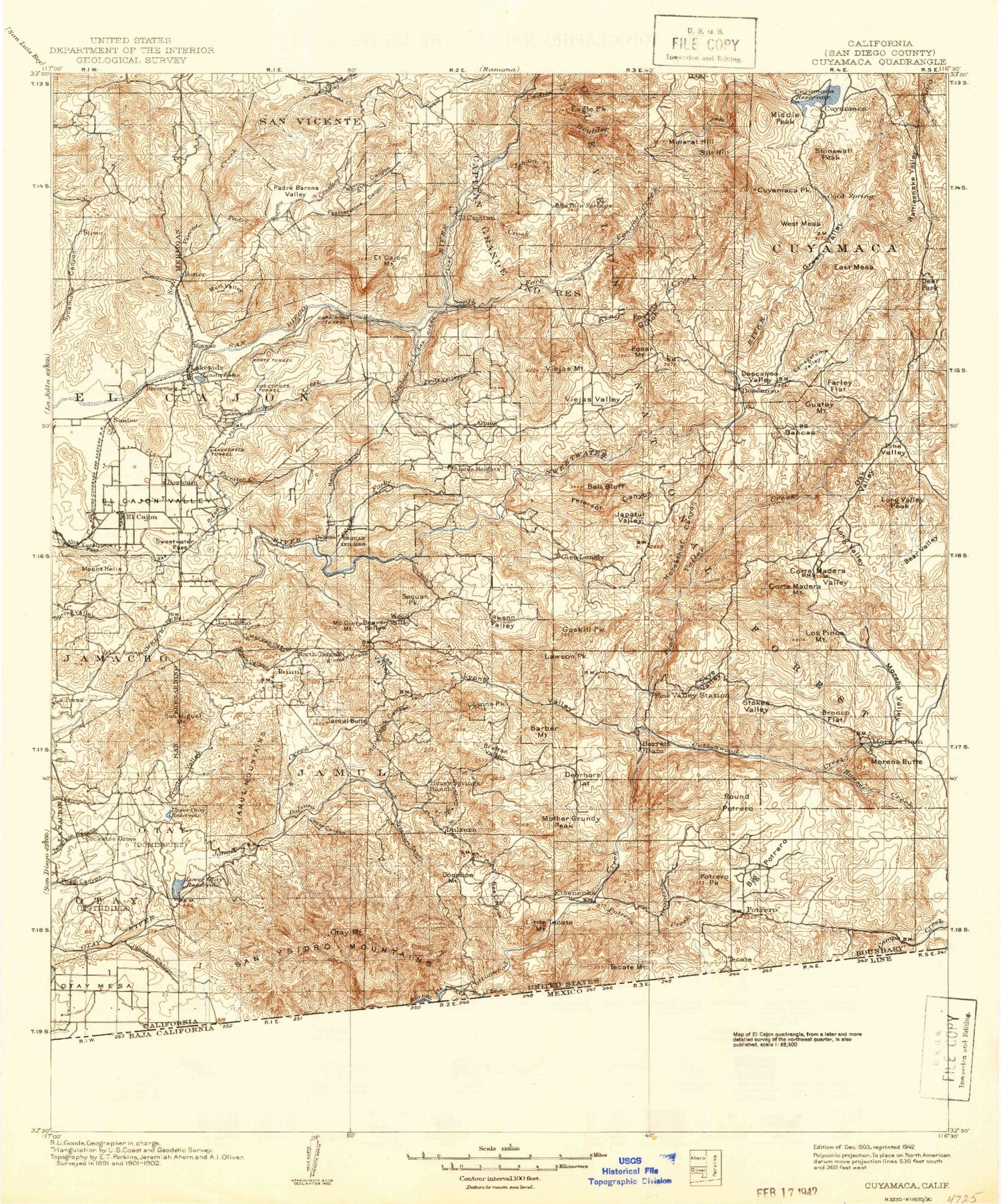 Historic 1903 Cuyamaca California 30'x30' Topo Map Image