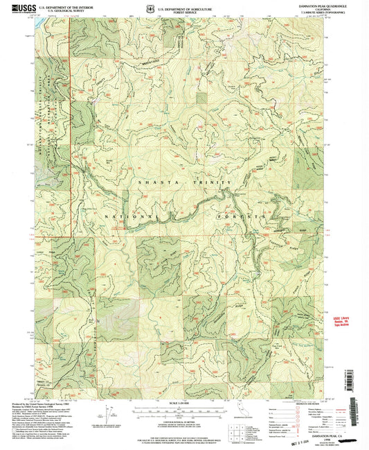 Classic USGS Damnation Peak California 7.5'x7.5' Topo Map Image