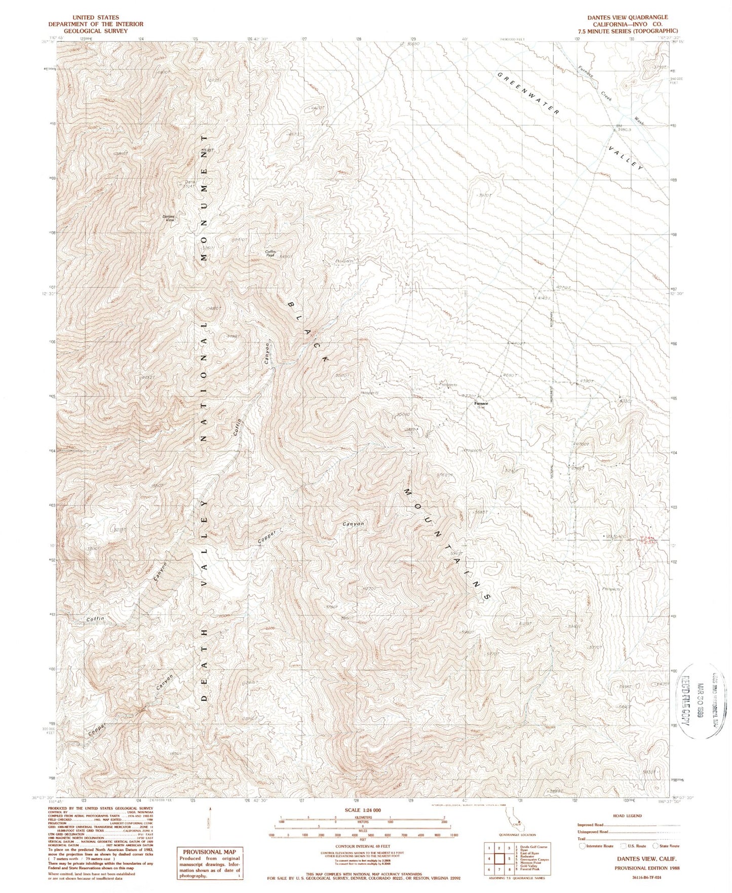 Classic USGS Dantes View California 7.5'x7.5' Topo Map Image