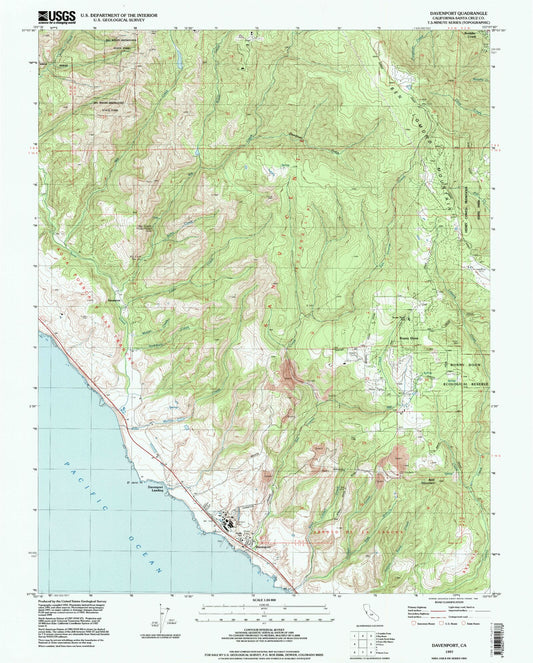Classic USGS Davenport California 7.5'x7.5' Topo Map Image