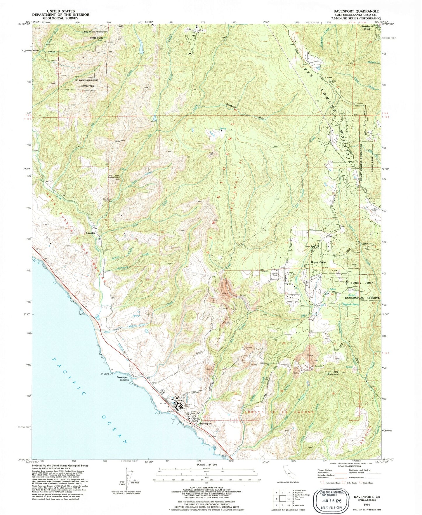 Classic USGS Davenport California 7.5'x7.5' Topo Map Image