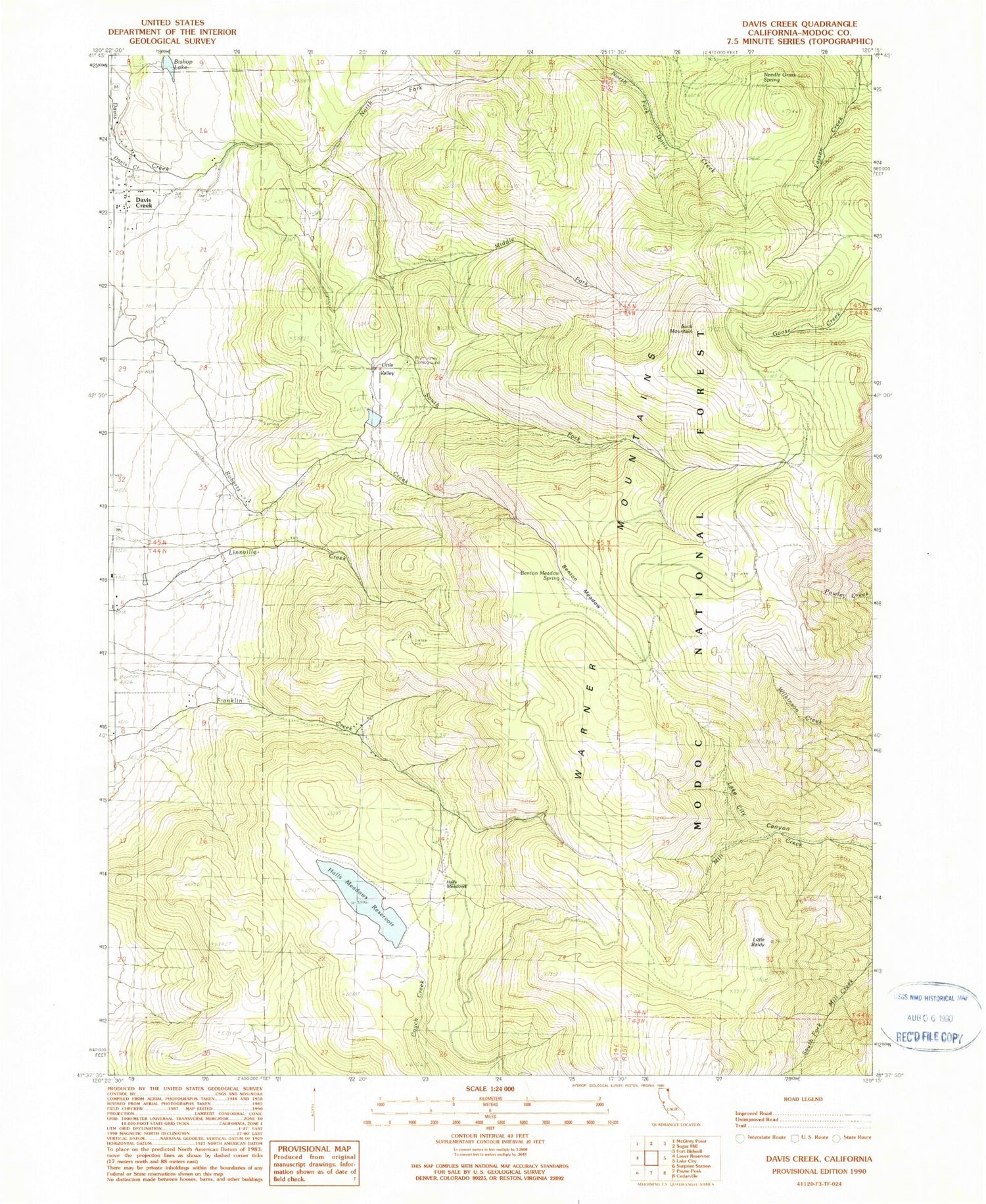 Classic USGS Davis Creek California 7.5'x7.5' Topo Map Image