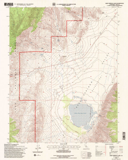 Classic USGS Deep Springs Lake California 7.5'x7.5' Topo Map Image
