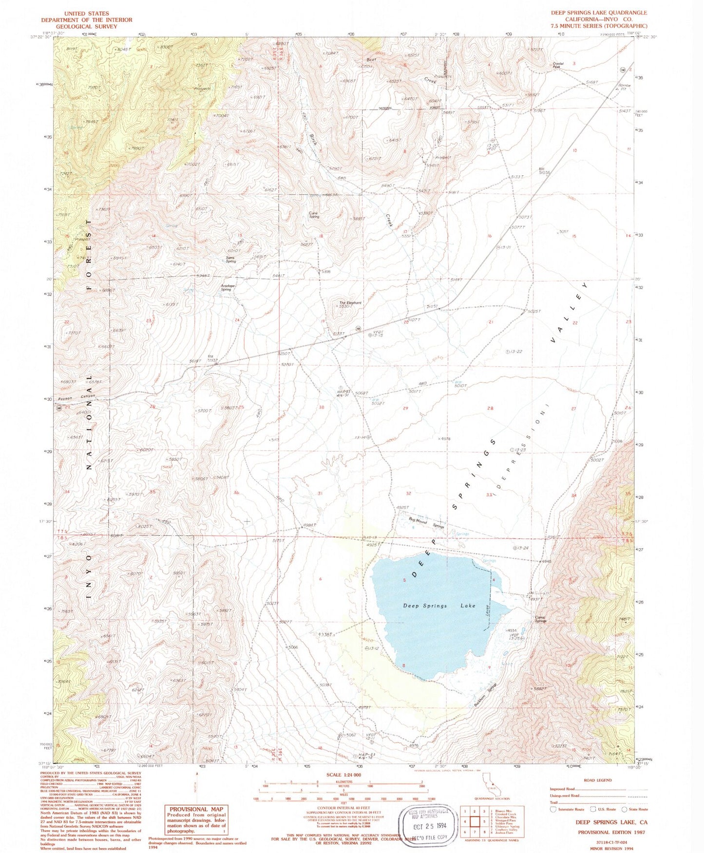 Classic USGS Deep Springs Lake California 7.5'x7.5' Topo Map Image