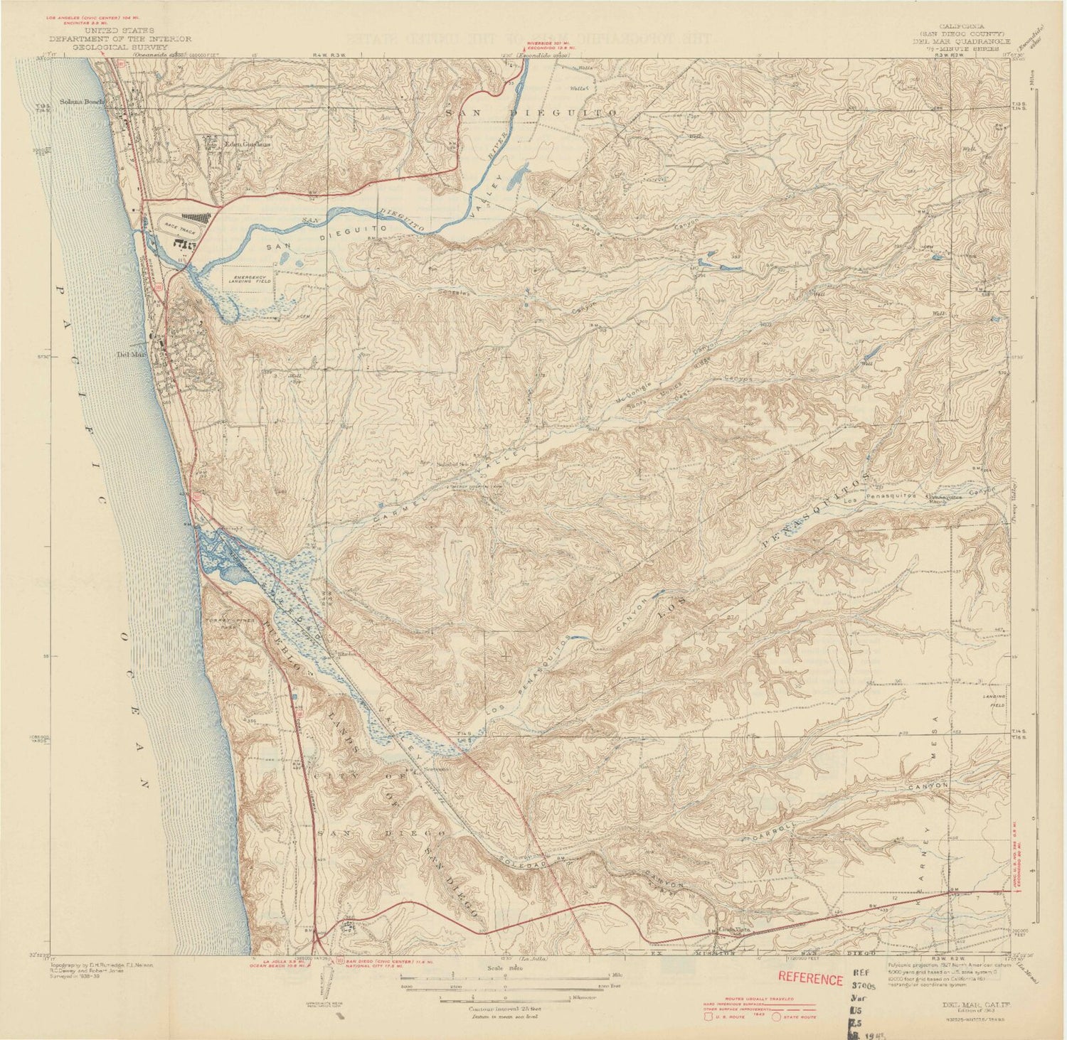 Classic USGS Del Mar California 7.5'x7.5' Topo Map Image