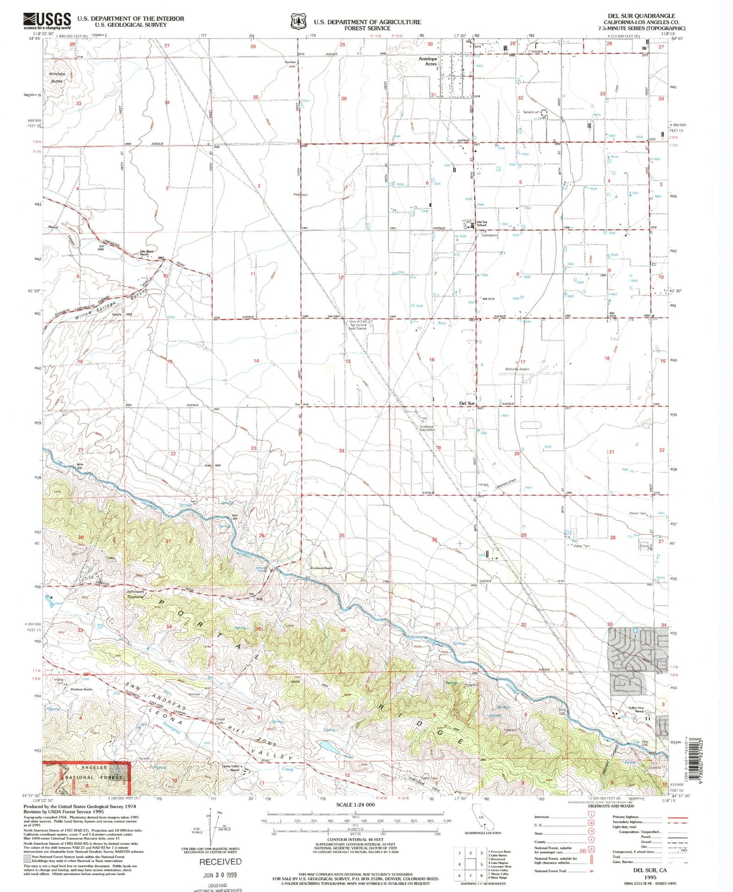 Classic USGS Del Sur California 7.5'x7.5' Topo Map Image
