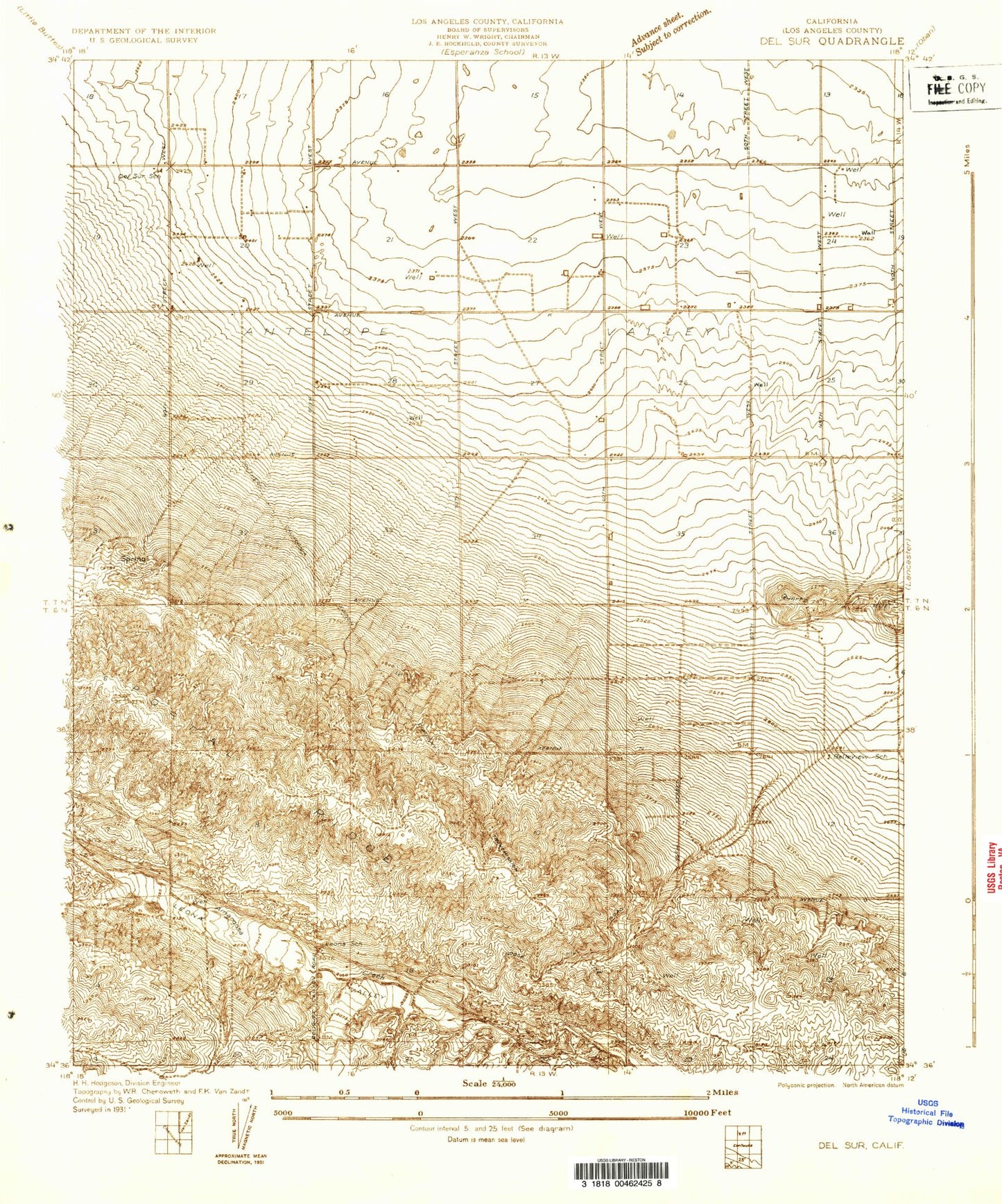 Classic USGS Del Sur California 7.5'x7.5' Topo Map Image
