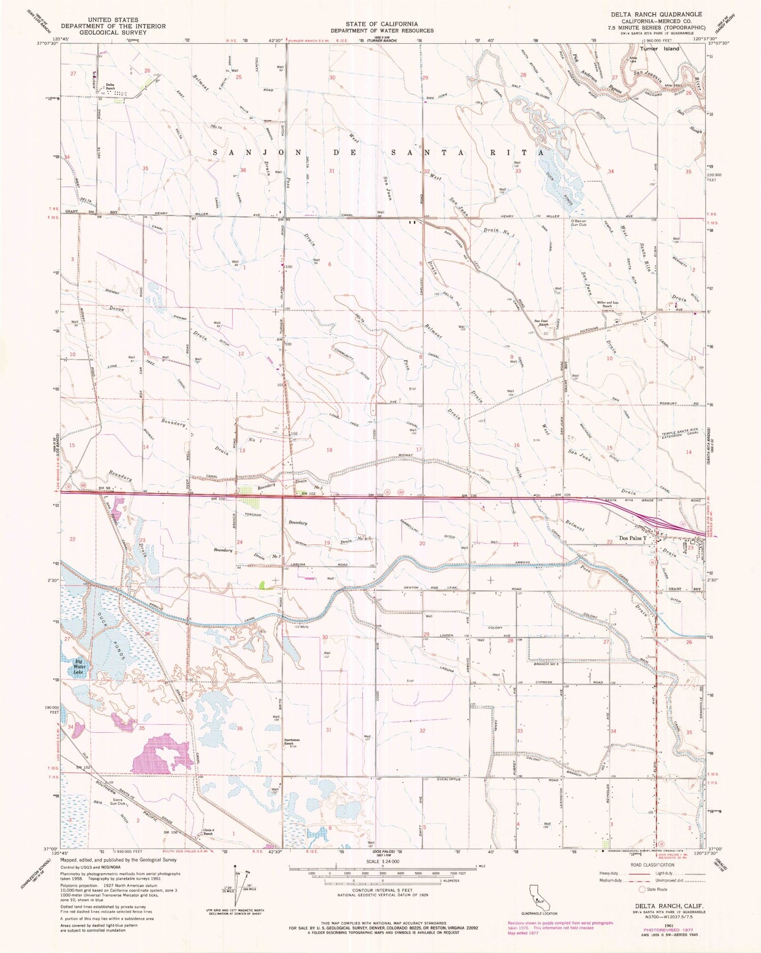 Classic USGS Delta Ranch California 7.5'x7.5' Topo Map Image