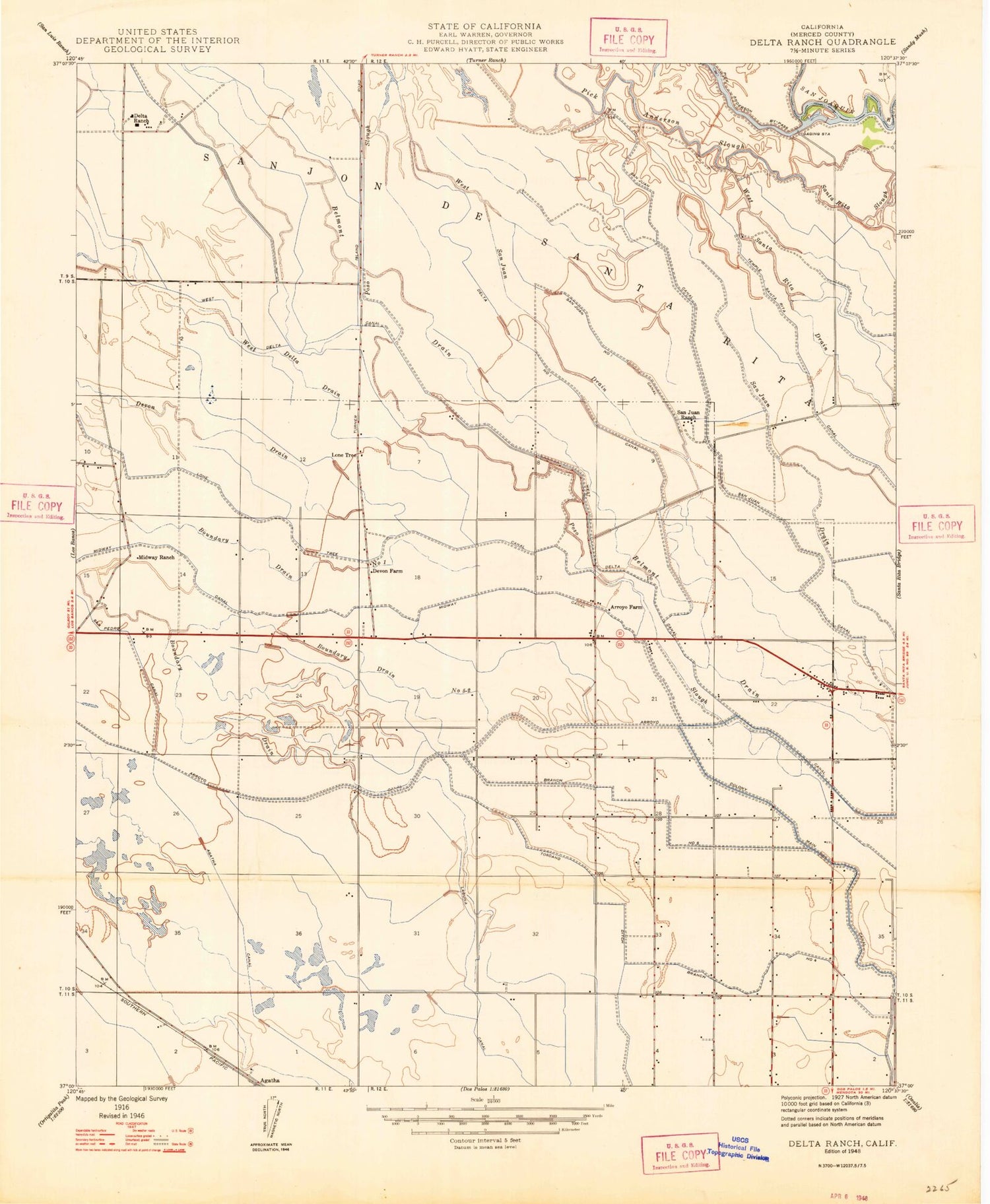 Classic USGS Delta Ranch California 7.5'x7.5' Topo Map Image