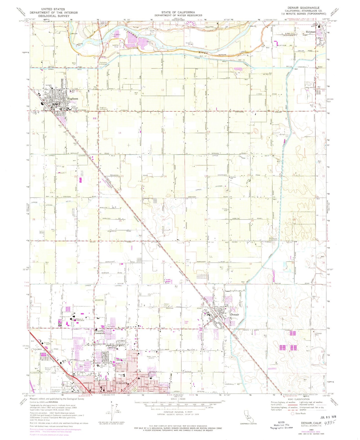 Classic USGS Denair California 7.5'x7.5' Topo Map Image