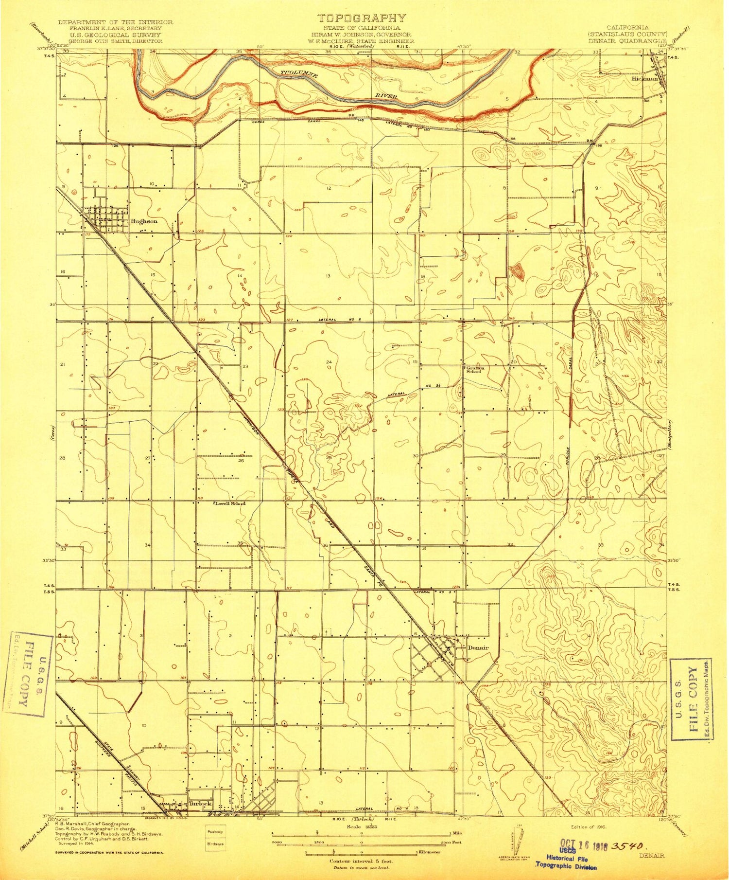 Classic USGS Denair California 7.5'x7.5' Topo Map Image