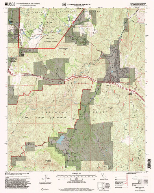 Classic USGS Descanso California 7.5'x7.5' Topo Map Image