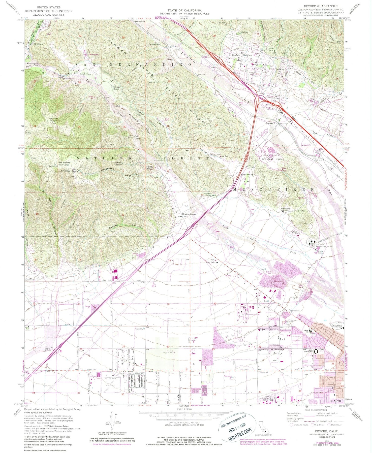 Classic USGS Devore California 7.5'x7.5' Topo Map Image