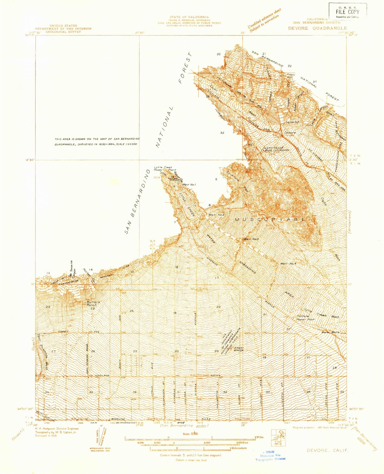 Classic USGS Devore California 7.5'x7.5' Topo Map Image
