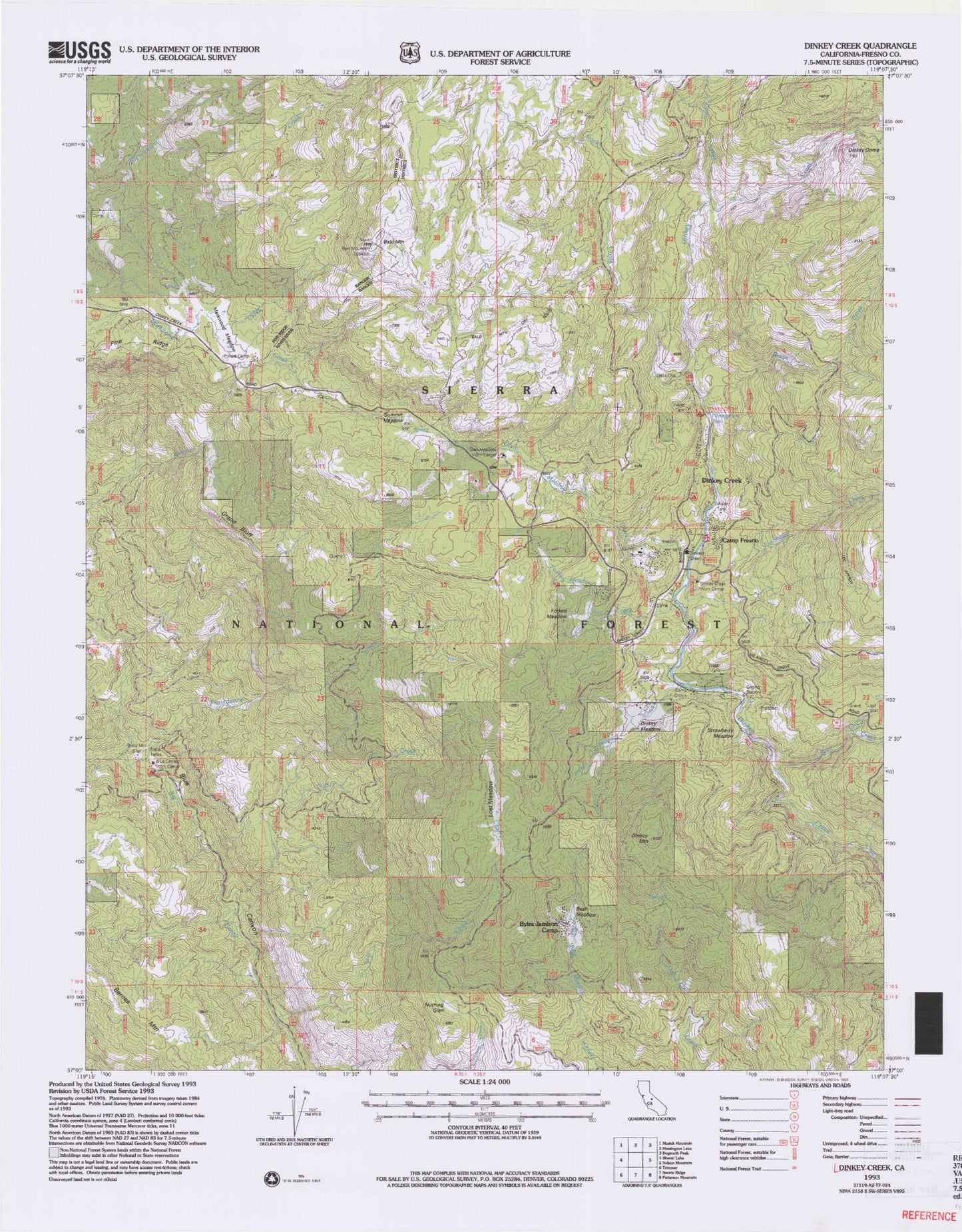 Classic USGS Dinkey Creek California 7.5'x7.5' Topo Map Image