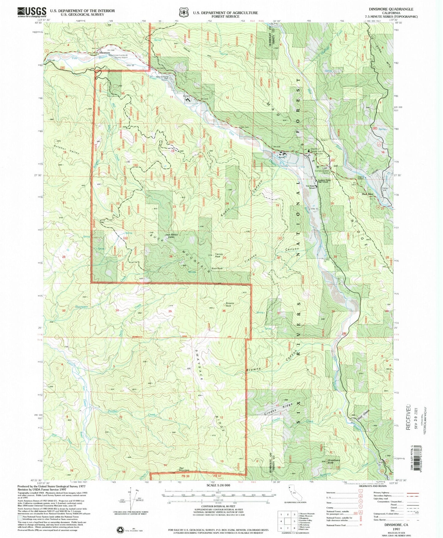 Classic USGS Dinsmore California 7.5'x7.5' Topo Map Image