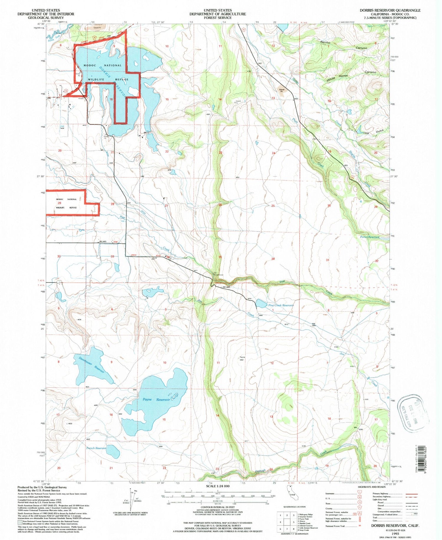 Classic USGS Dorris Reservoir California 7.5'x7.5' Topo Map Image