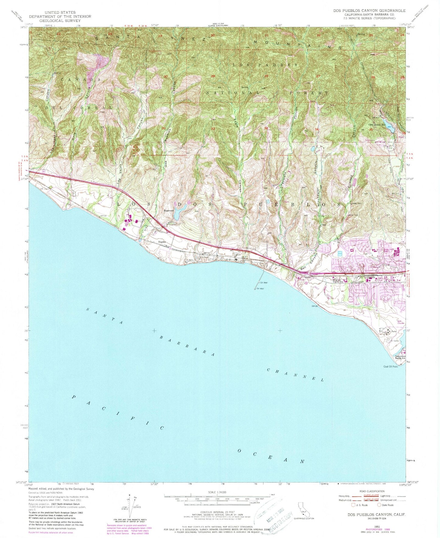 Classic USGS Dos Pueblos Canyon California 7.5'x7.5' Topo Map Image