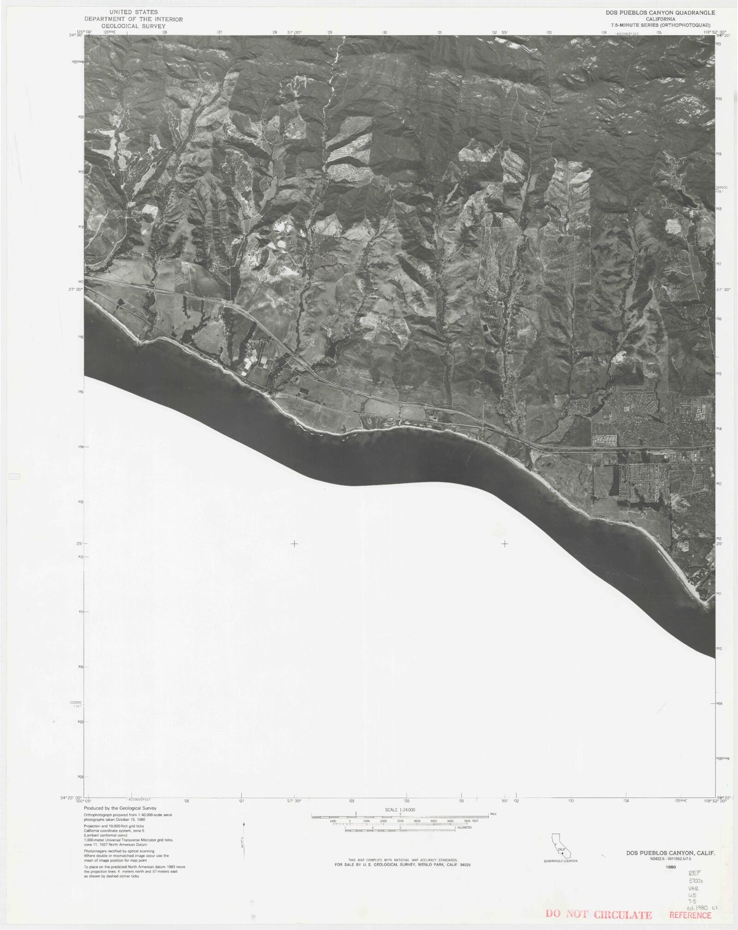 Classic USGS Dos Pueblos Canyon California 7.5'x7.5' Topo Map Image