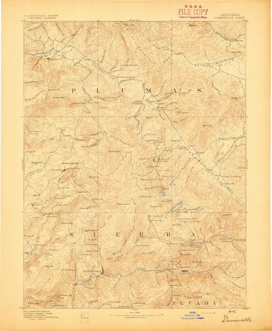 Historic 1893 Downieville California 30'x30' Topo Map Image