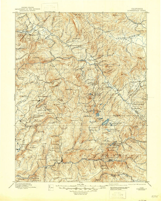 Historic 1897 Downieville California 30'x30' Topo Map Image