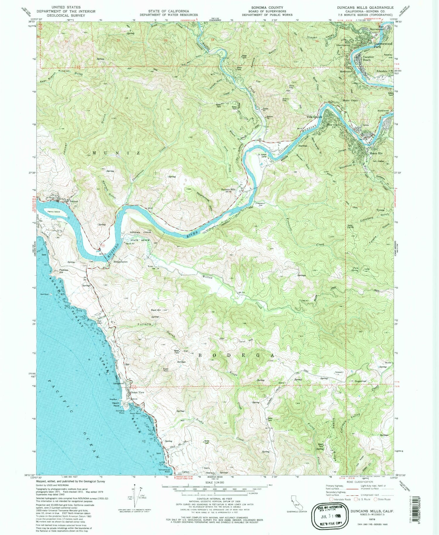Classic USGS Duncans Mills California 7.5'x7.5' Topo Map Image
