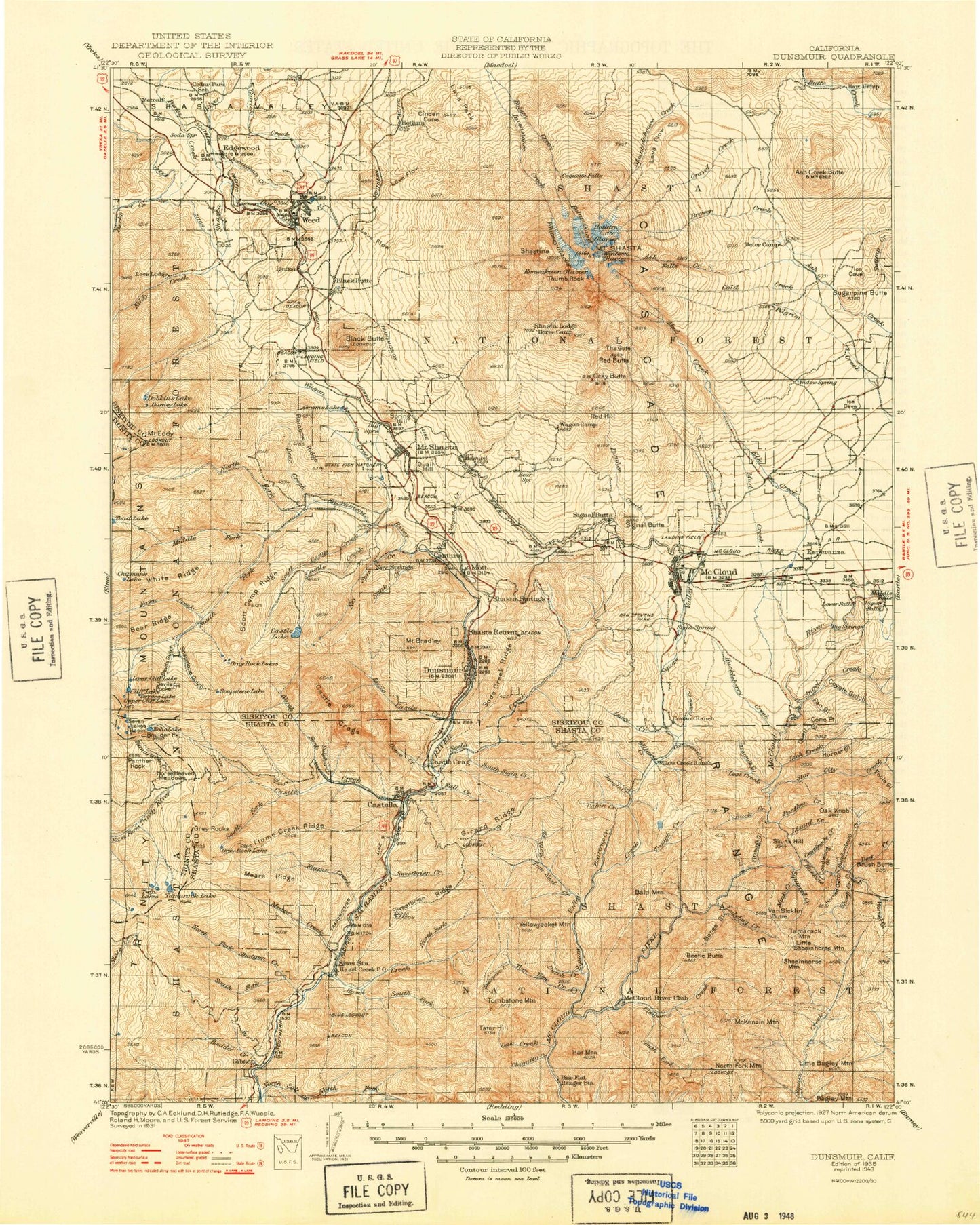 Historic 1935 Dunsmuir California 30'x30' Topo Map Image