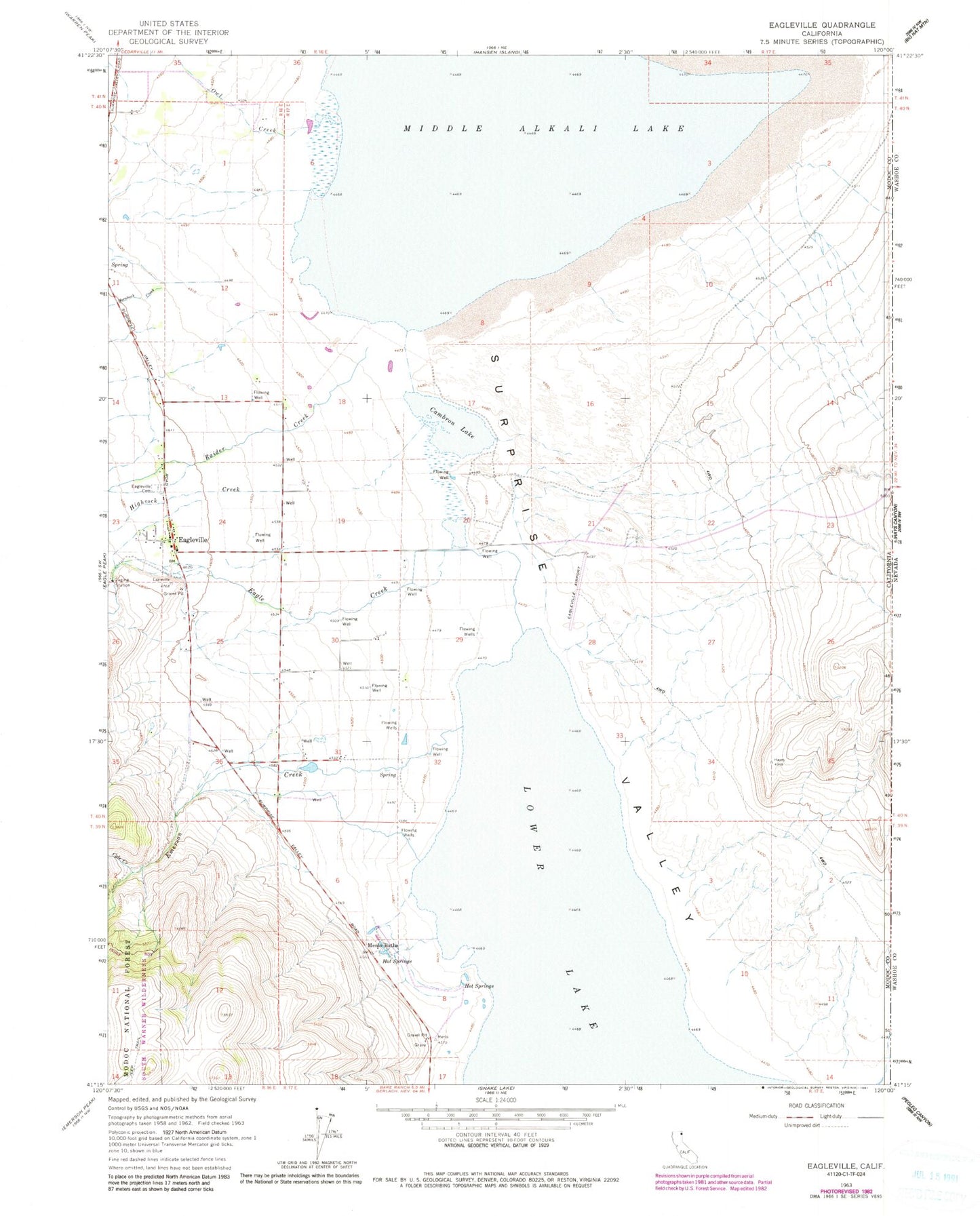 Classic USGS Eagleville California 7.5'x7.5' Topo Map Image