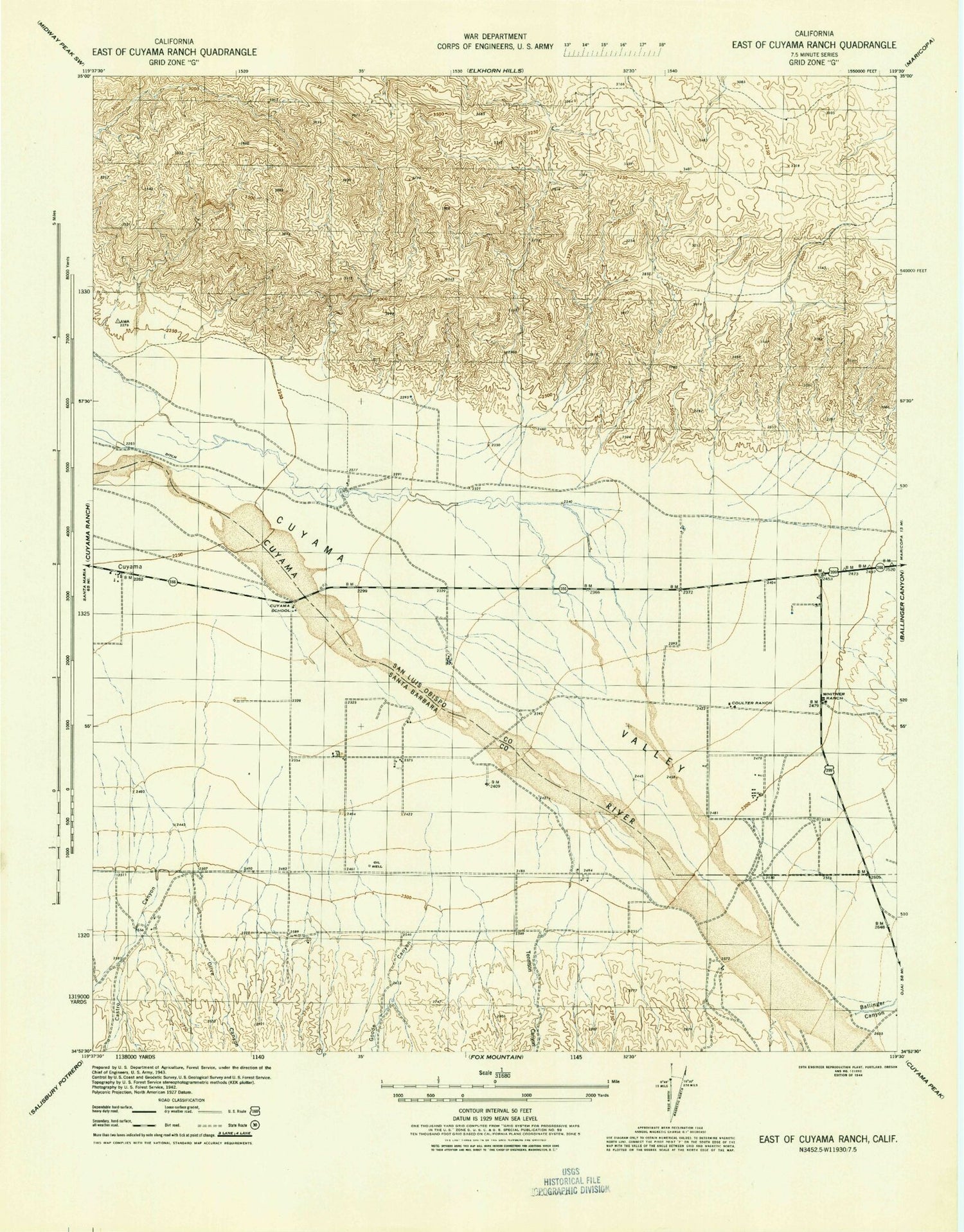 Classic USGS Cuyama California 7.5'x7.5' Topo Map Image