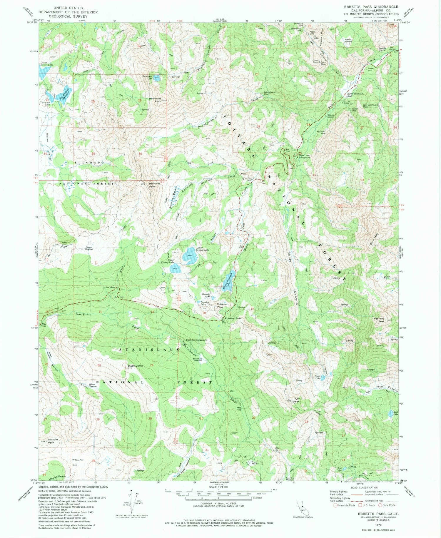 Classic USGS Ebbetts Pass California 7.5'x7.5' Topo Map Image