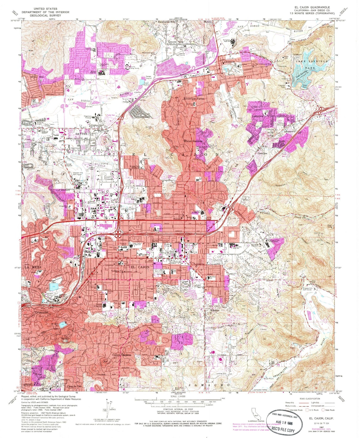 Classic USGS El Cajon California 7.5'x7.5' Topo Map Image