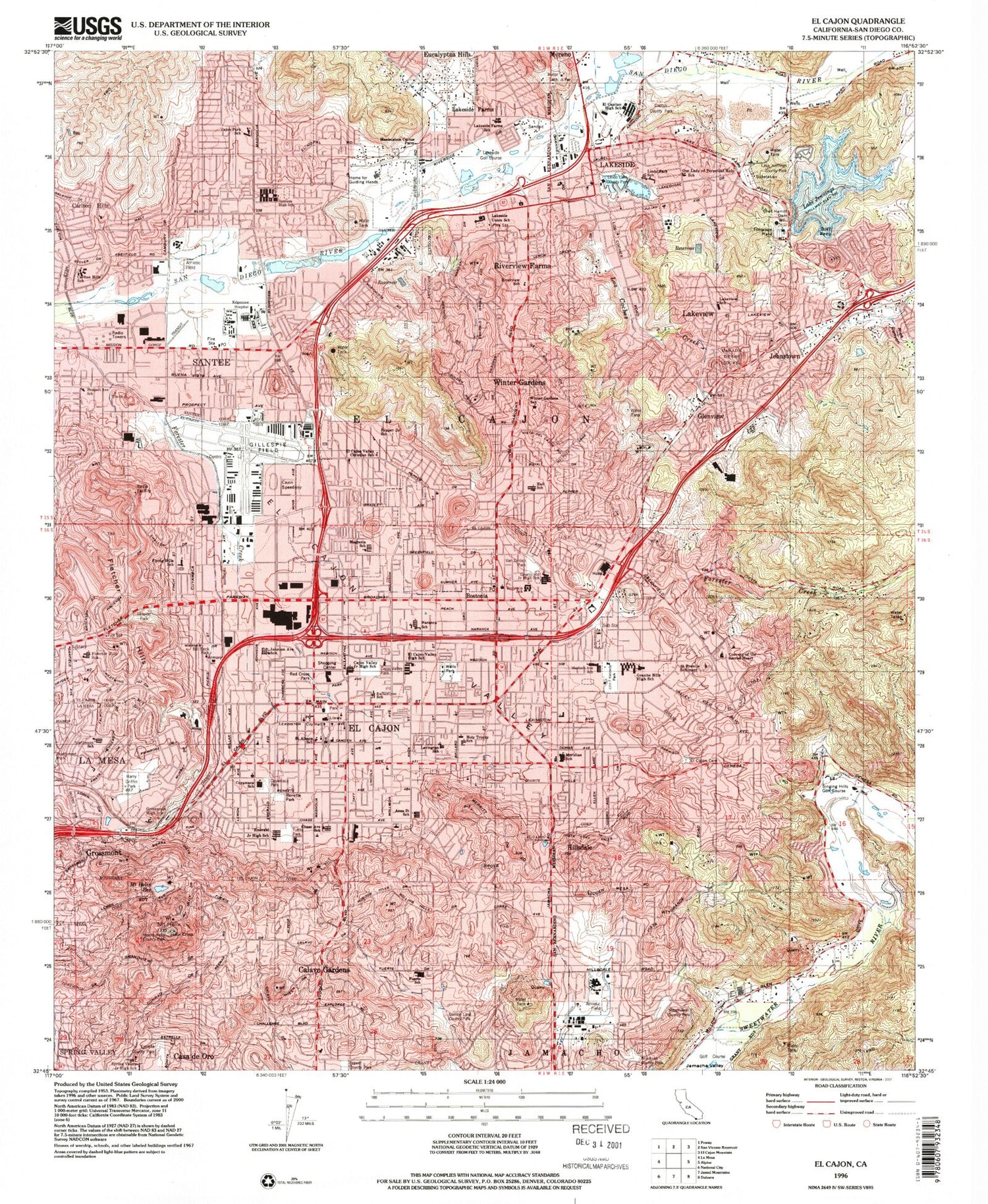 Classic USGS El Cajon California 7.5'x7.5' Topo Map Image