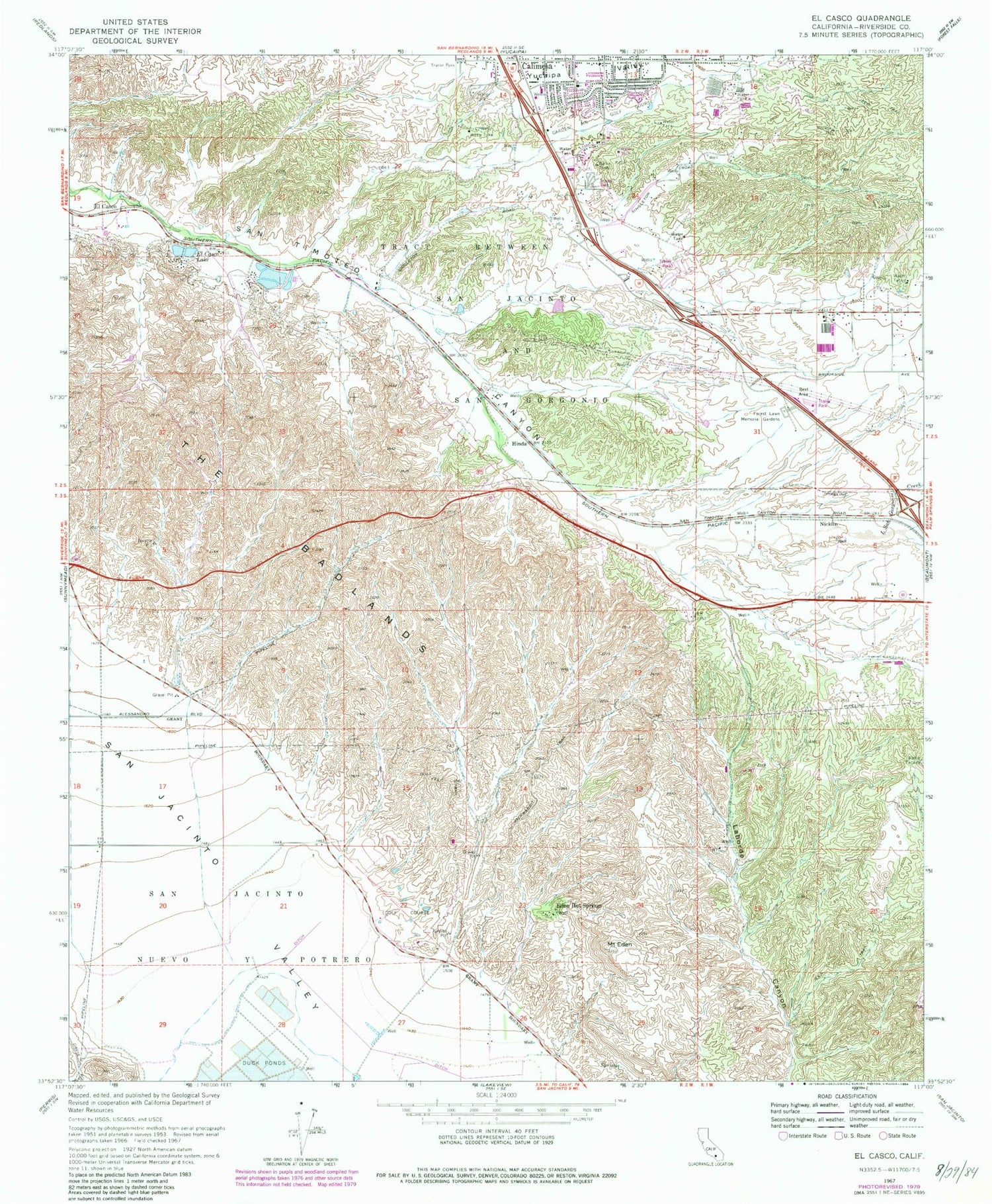 Classic USGS El Casco California 7.5'x7.5' Topo Map Image