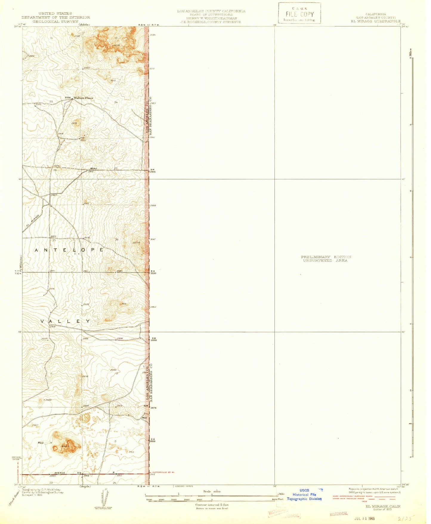 Classic USGS El Mirage California 7.5'x7.5' Topo Map Image