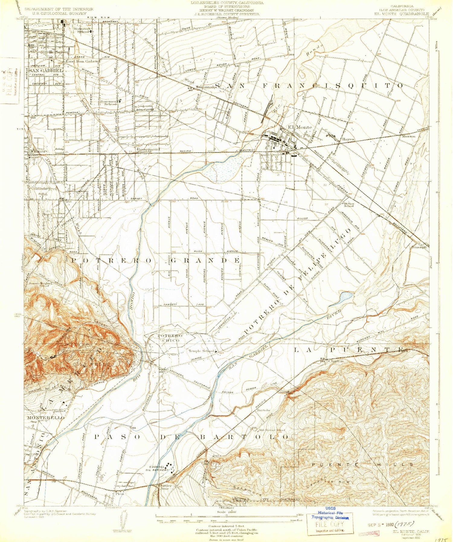 Classic USGS El Monte California 7.5'x7.5' Topo Map Image