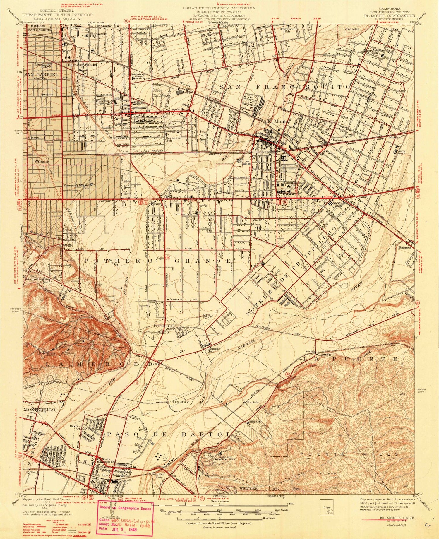 Classic USGS El Monte California 7.5'x7.5' Topo Map Image