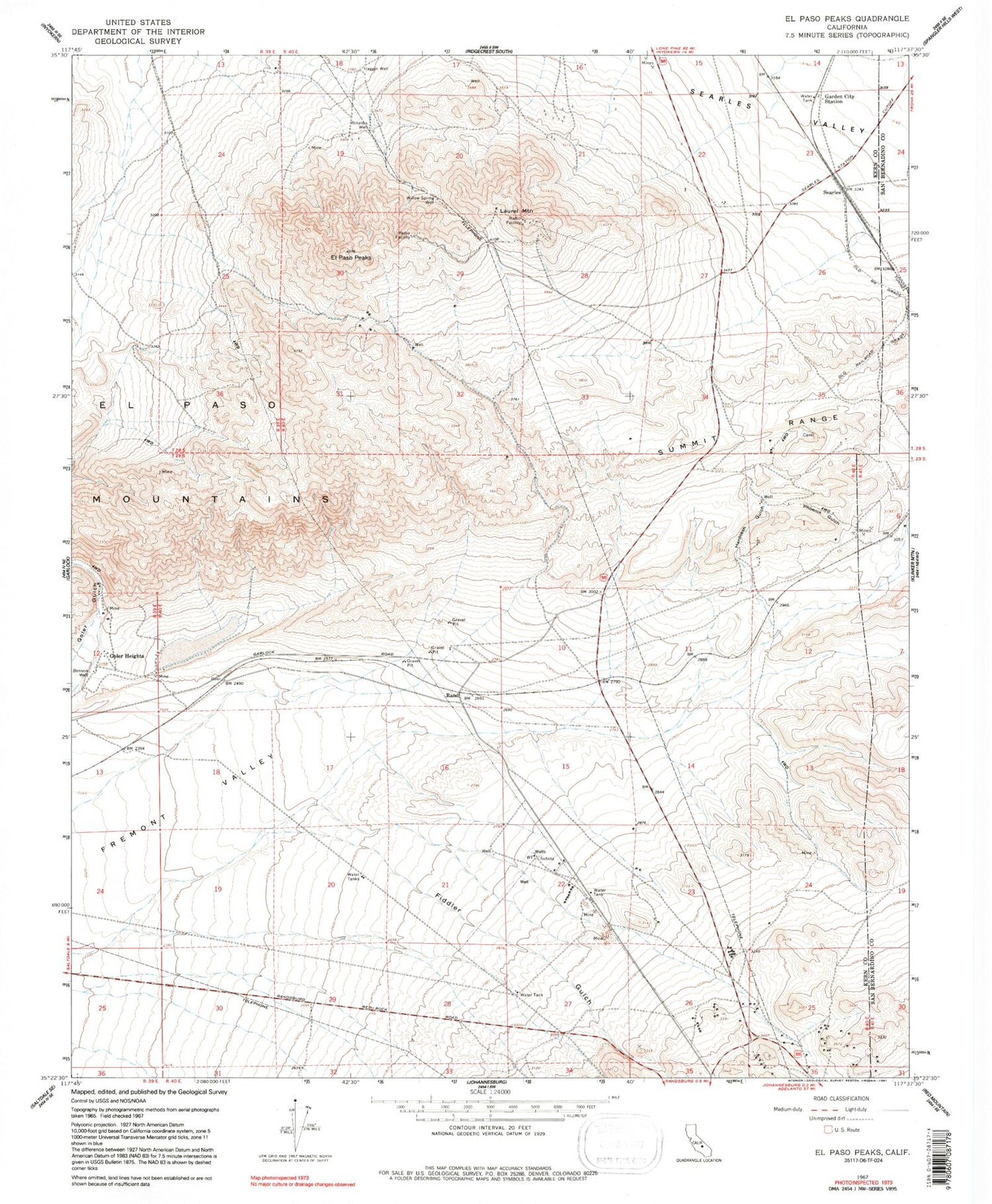 Classic USGS El Paso Peaks California 7.5'x7.5' Topo Map Image