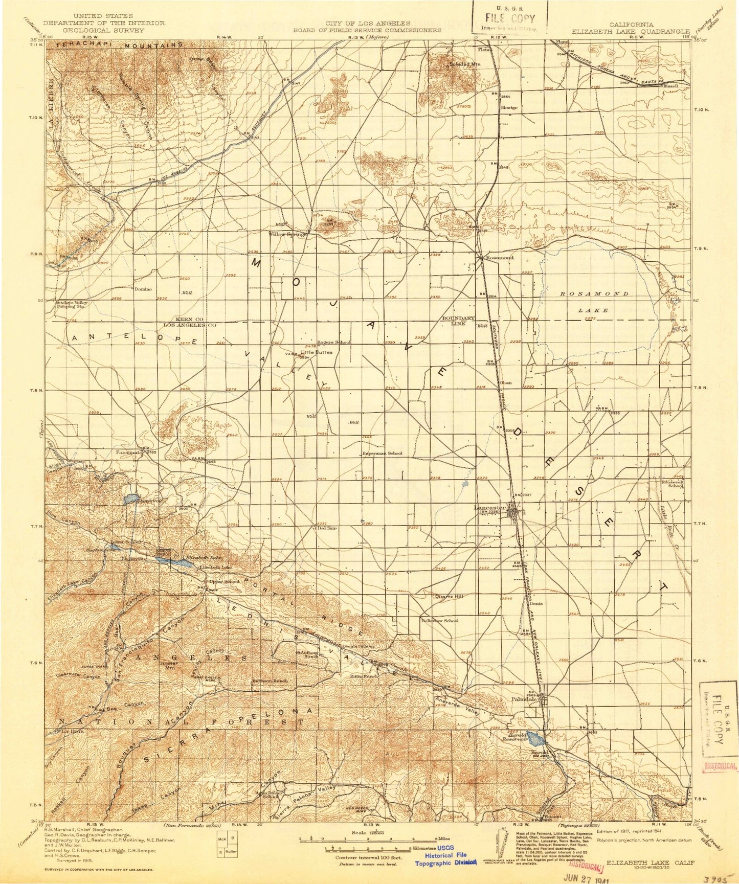 Historic 1917 Elizabeth Lake California 30'x30' Topo Map Image