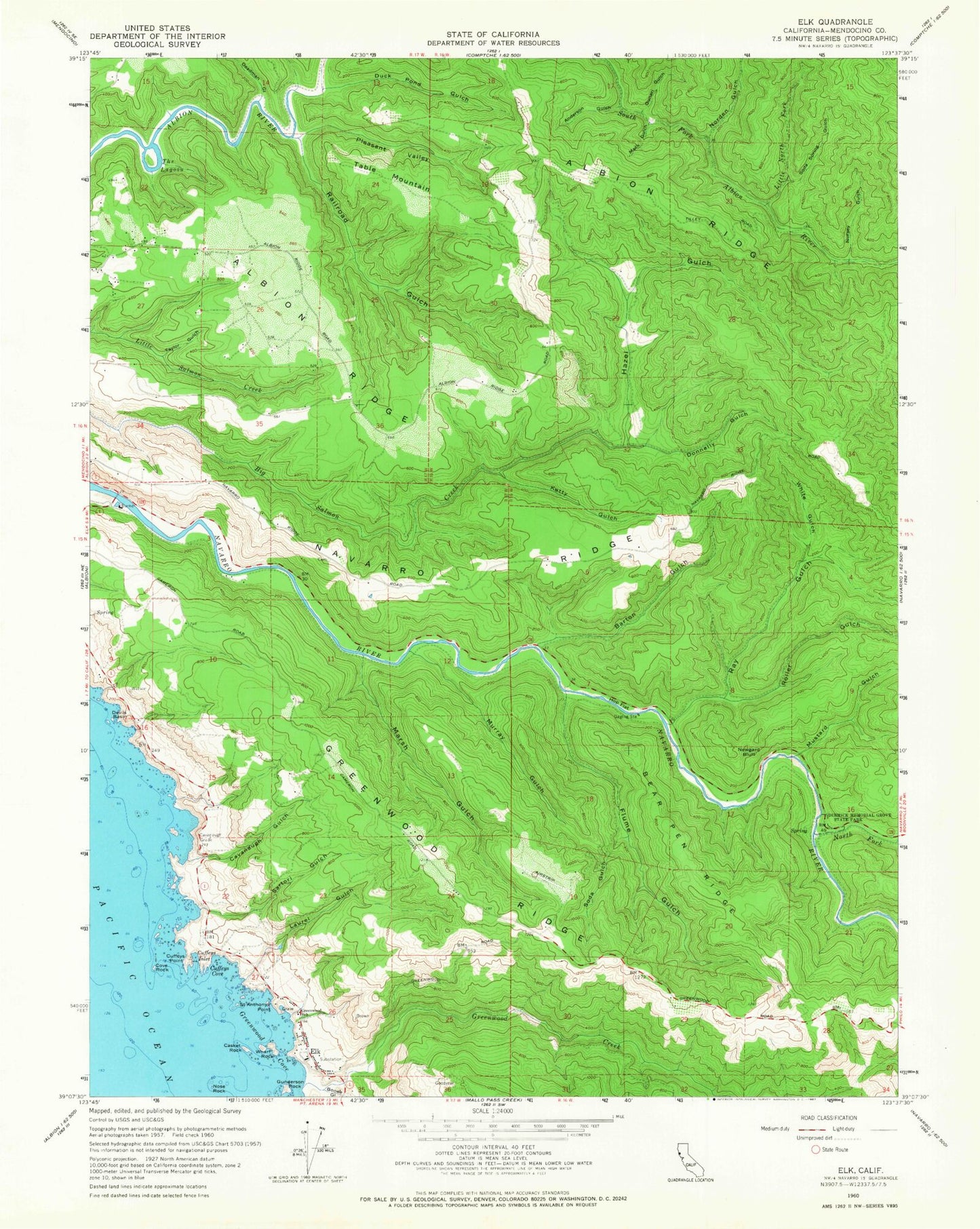 Classic USGS Elk California 7.5'x7.5' Topo Map Image